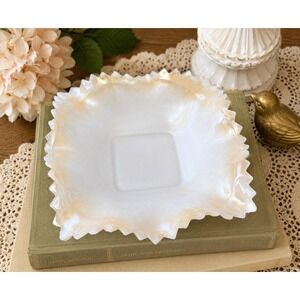 Vintage Indiana Milk Glass Peach Luster Ruffle Edge Diamond Cut Square Dish